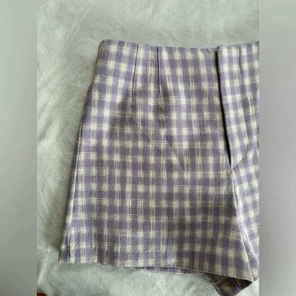 Zara Gingham Shorts Women’s Size M Lavender White Front Zip High Rise - Picture 2 of 6